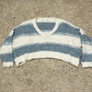 Altar’d State Cropped Blue and White Striped V-Neck Sweater